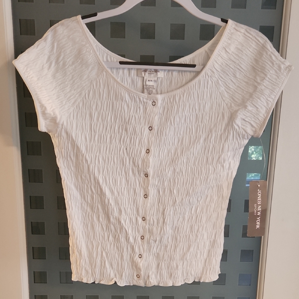 Jones New York Cream Ribbed Cap Sleeve Button Down